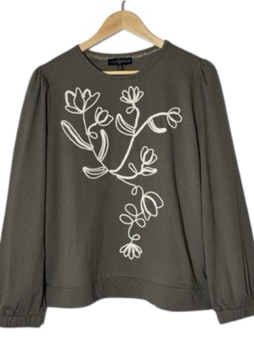 Fred David Olive Green Sweatshirt White Floral Embroidery M crop wide sleeve